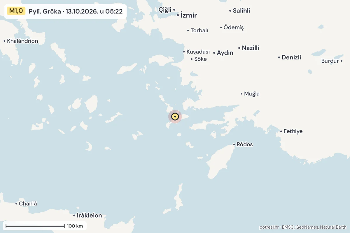 Karta: šire područje, 600 km, potres M1,0, Pylí, Grčka, 13.10.2026.