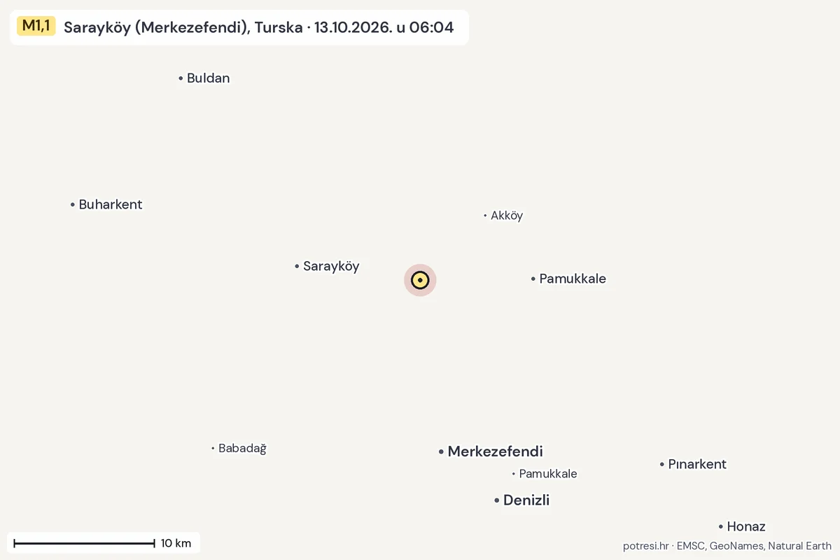 Karta: okolica epicentra, 60 km, potres M1,1, Sarayköy (Merkezefendi), Turska, 13.10.2026.