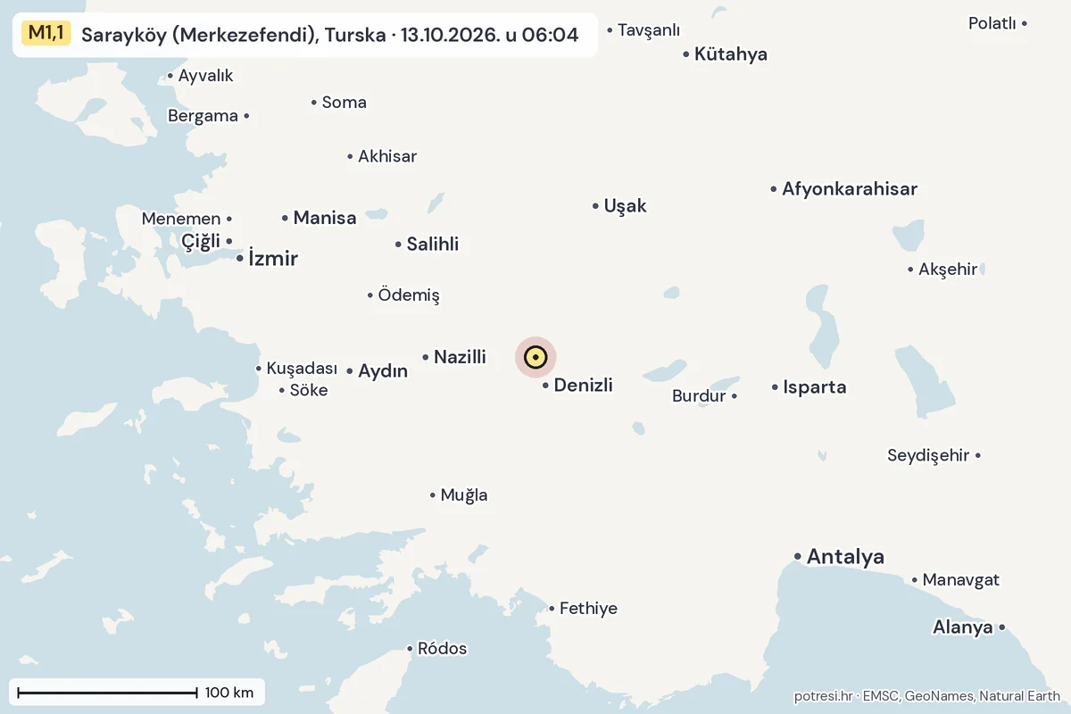 Karta: šire područje, 600 km, potres M1,1, Sarayköy (Merkezefendi), Turska, 13.10.2026.
