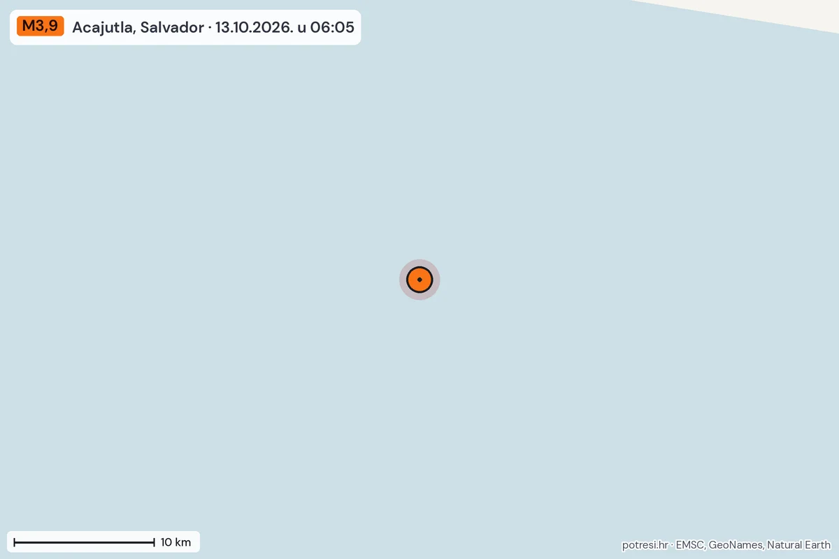 Karta: okolica epicentra, 60 km, potres M3,9, Acajutla, Salvador, 13.10.2026.