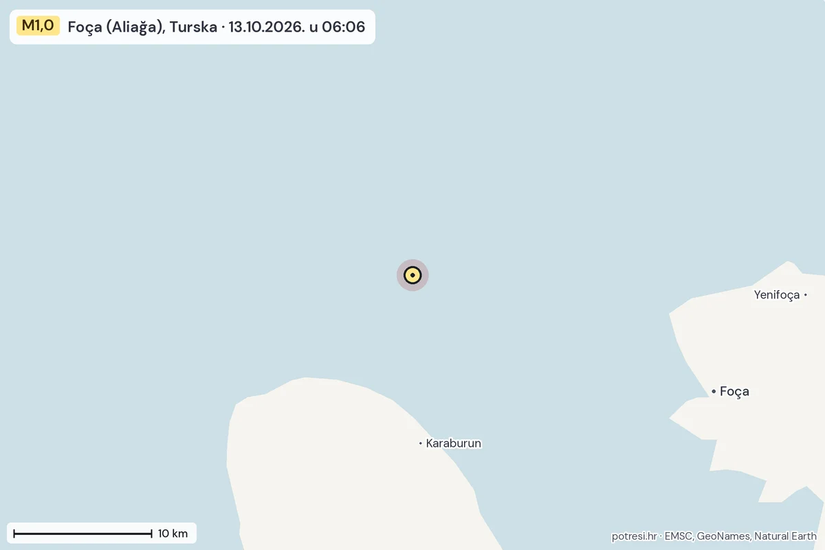 Karta: okolica epicentra, 60 km, potres M1,0, Foça (Aliağa), Turska, 13.10.2026.