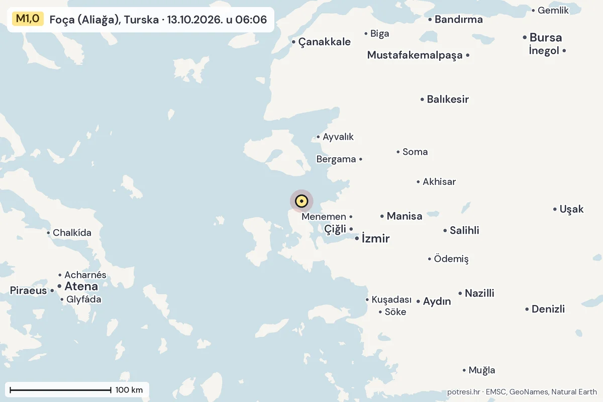 Karta: šire područje, 600 km, potres M1,0, Foça (Aliağa), Turska, 13.10.2026.