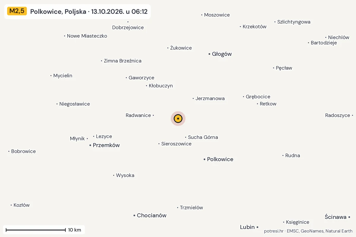 Karta: okolica epicentra, 60 km, potres M2,5, Polkowice, Poljska, 13.10.2026.