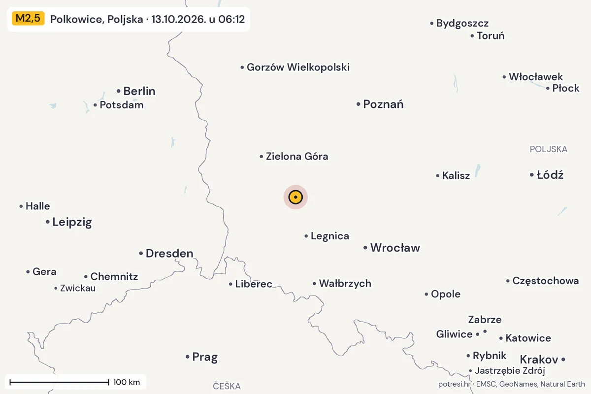 Karta: šire područje, 600 km, potres M2,5, Polkowice, Poljska, 13.10.2026.