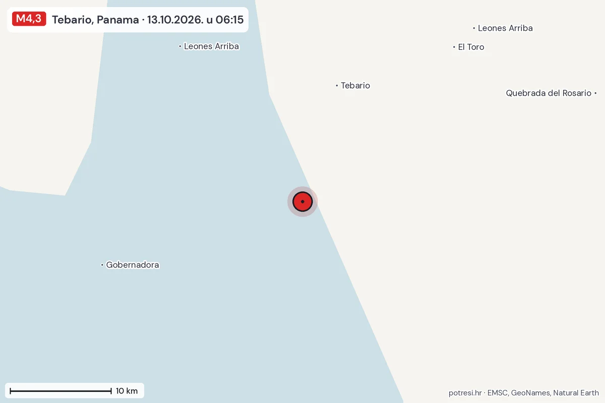 Karta: okolica epicentra, 60 km, potres M4,3, Tebario, Panama, 13.10.2026.