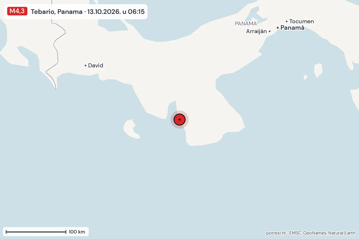Karta: šire područje, 600 km, potres M4,3, Tebario, Panama, 13.10.2026.