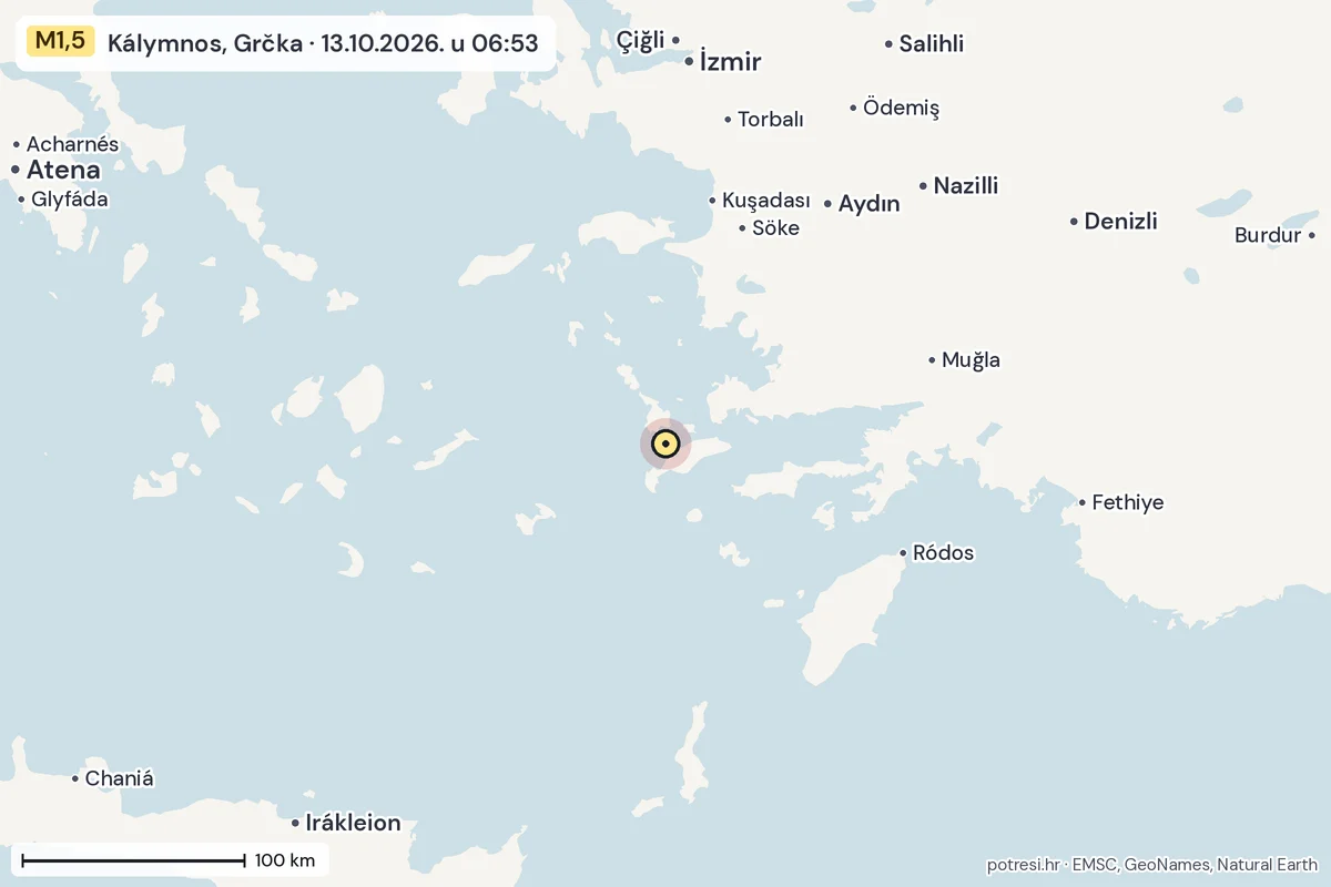 Karta: šire područje, 600 km, potres M1,5, Kálymnos, Grčka, 13.10.2026.