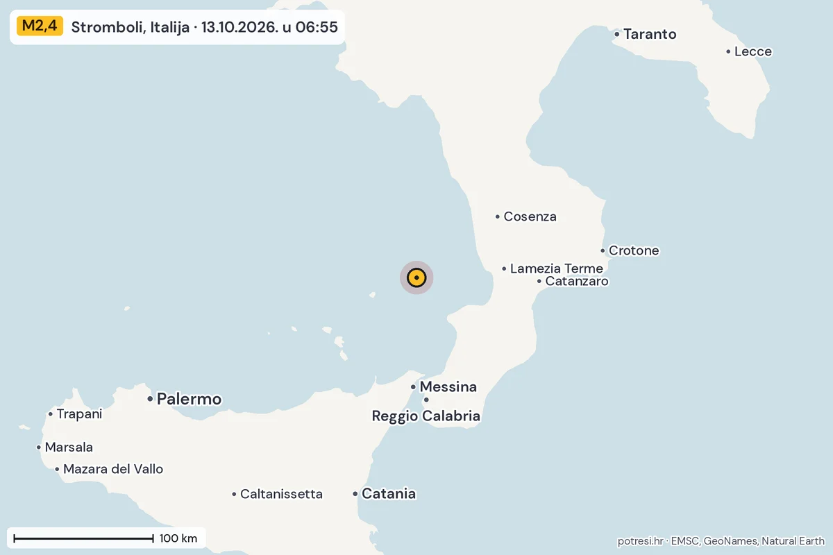 Karta: šire područje, 600 km, potres M2,4, Stromboli, Italija, 13.10.2026.