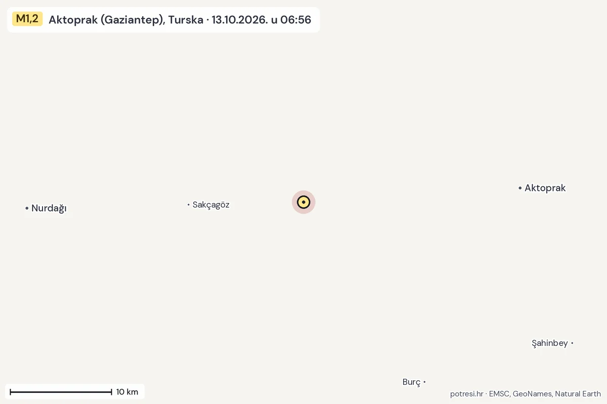 Karta: okolica epicentra, 60 km, potres M1,2, Aktoprak (Gaziantep), Turska, 13.10.2026.