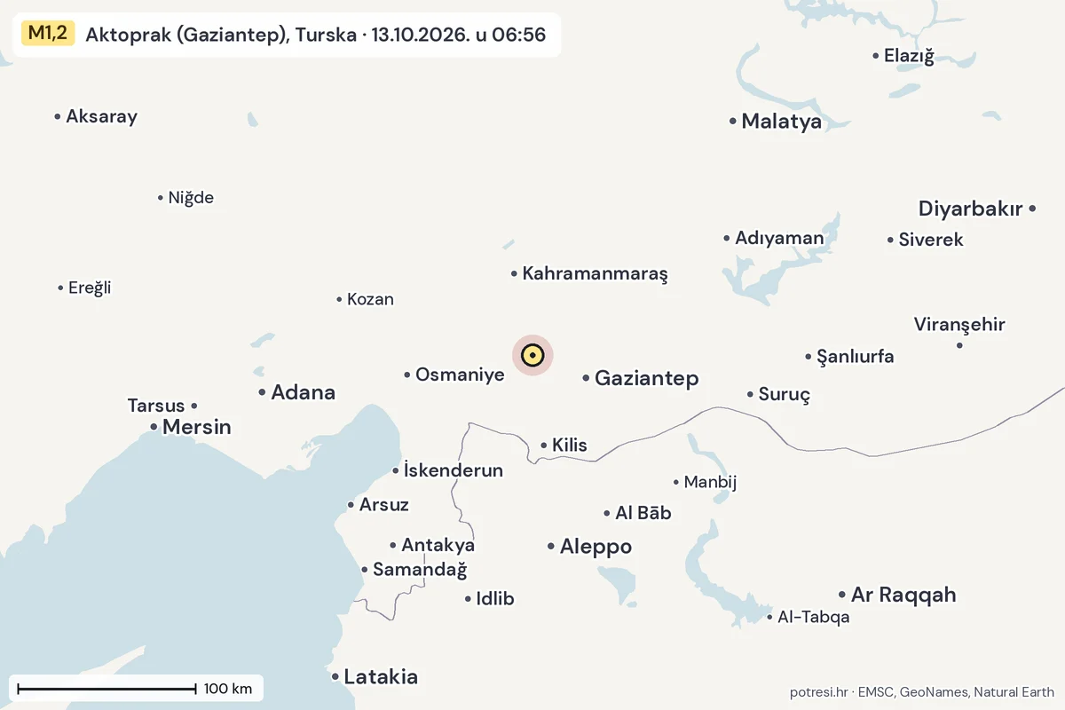 Karta: šire područje, 600 km, potres M1,2, Aktoprak (Gaziantep), Turska, 13.10.2026.