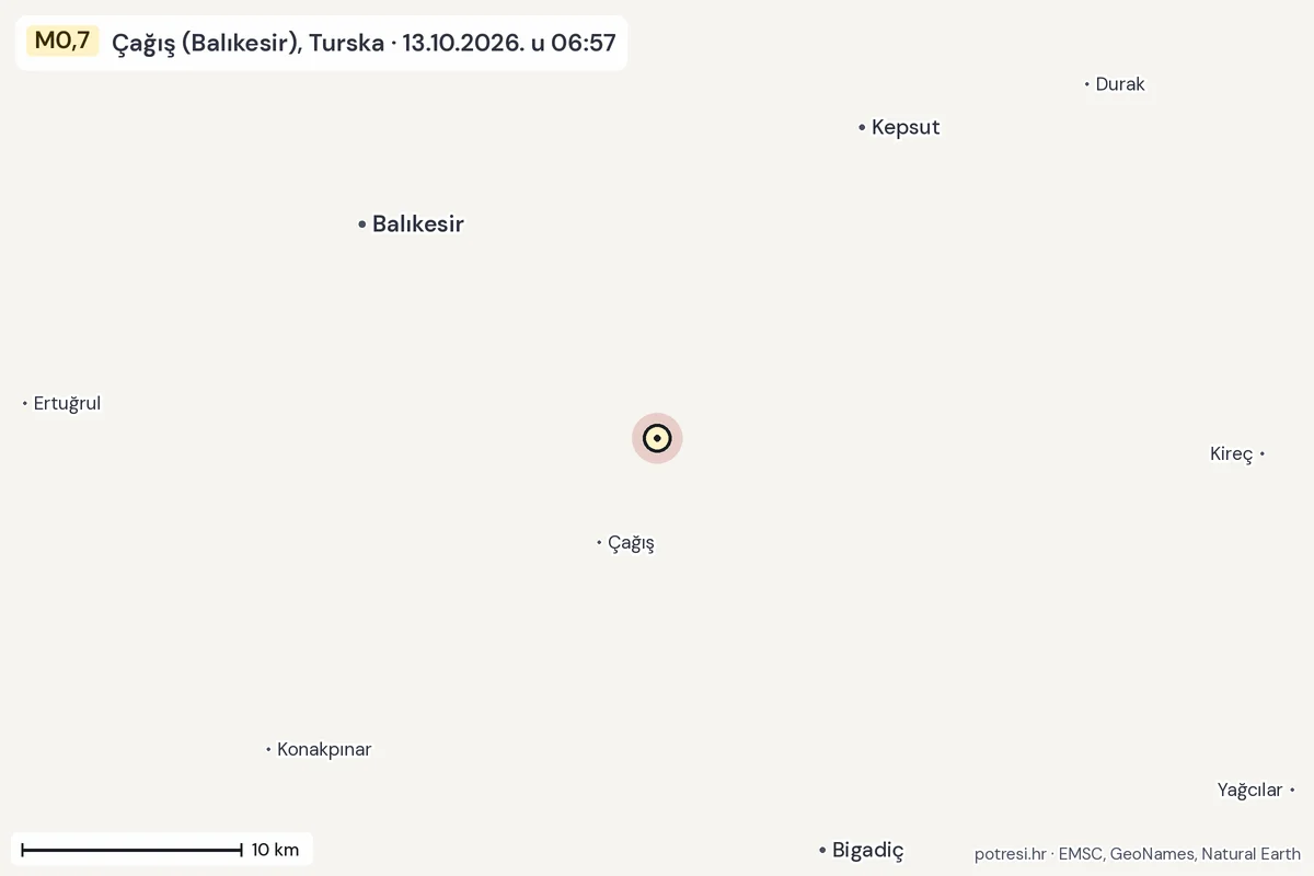 Karta: okolica epicentra, 60 km, potres M0,7, Çağış (Balıkesir), Turska, 13.10.2026.