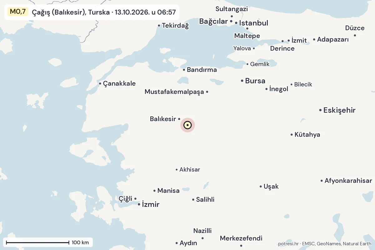 Karta: šire područje, 600 km, potres M0,7, Çağış (Balıkesir), Turska, 13.10.2026.