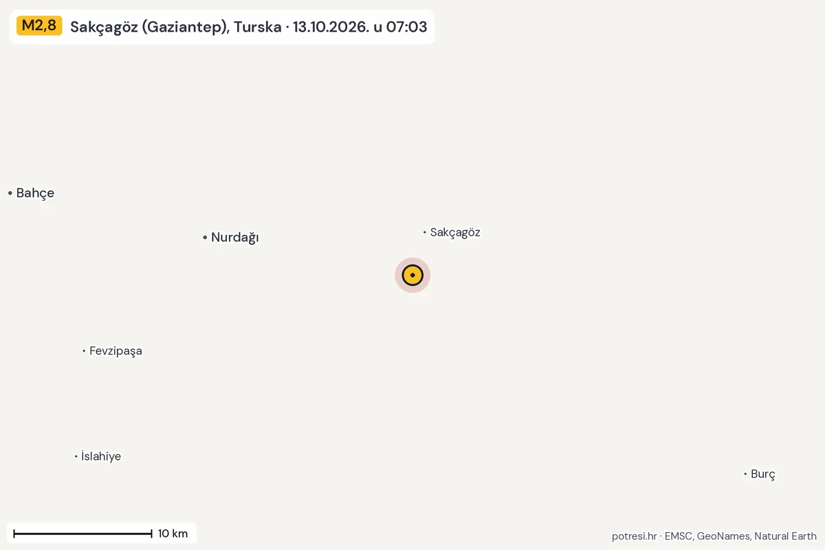 Karta: okolica epicentra, 60 km, potres M2,8, Sakçagöz (Gaziantep), Turska, 13.10.2026.