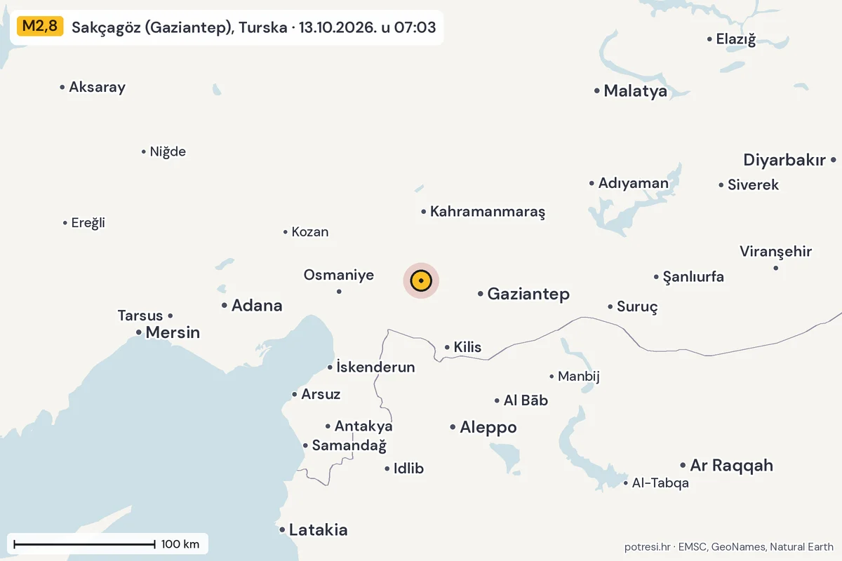 Karta: šire područje, 600 km, potres M2,8, Sakçagöz (Gaziantep), Turska, 13.10.2026.