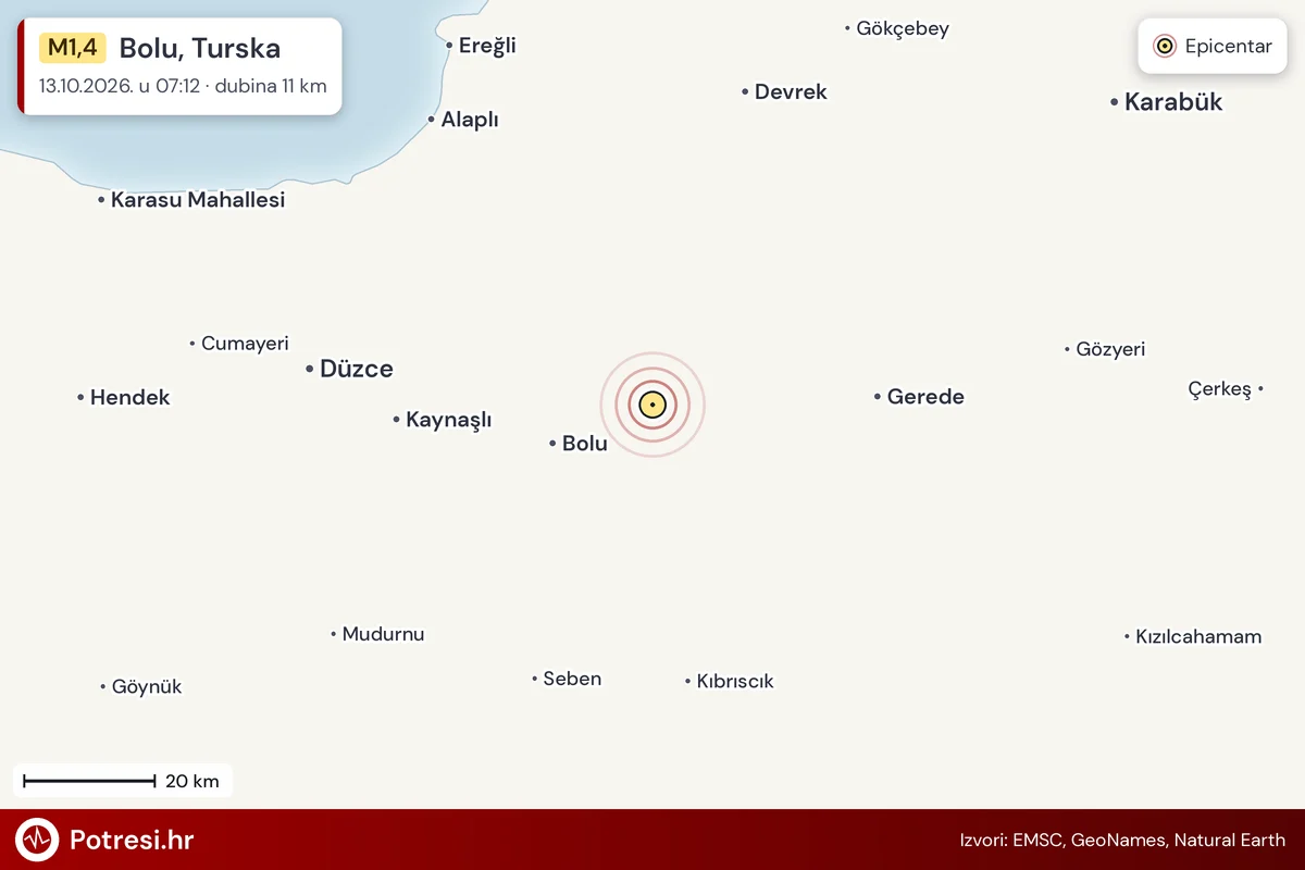 Karta: šire područje i vjerojatni doseg osjeta, potres M1,4, Bolu, Turska, 13.10.2026.