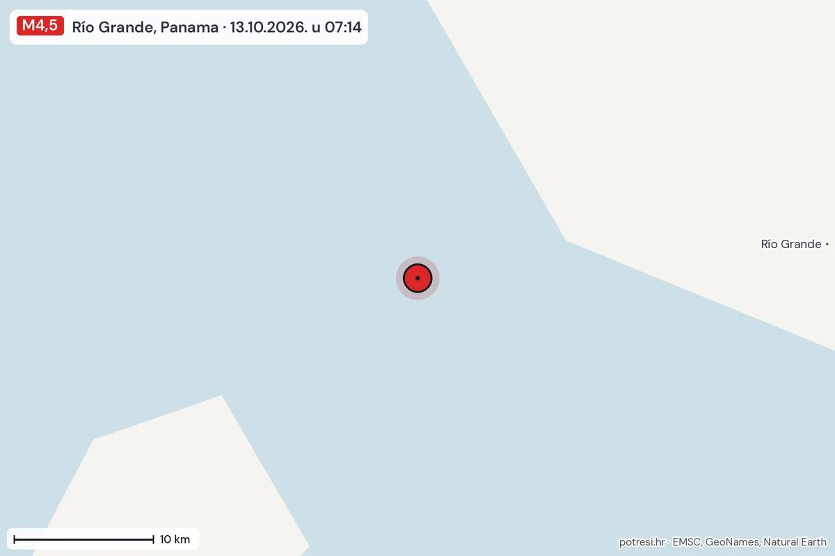 Karta: okolica epicentra, 60 km, potres M4,5, Río Grande, Panama, 13.10.2026.
