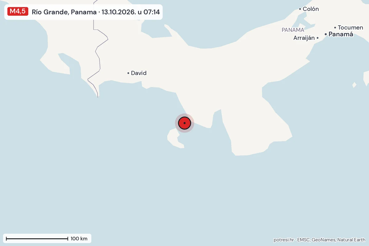 Karta: šire područje, 600 km, potres M4,5, Río Grande, Panama, 13.10.2026.