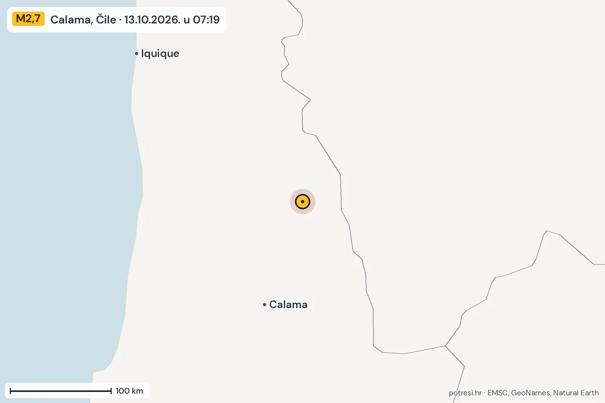 Karta: šire područje, 600 km, potres M2,7, Calama, Čile, 13.10.2026.