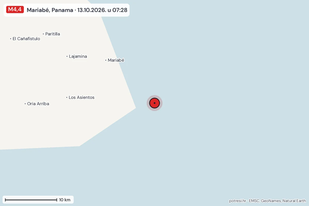 Karta: okolica epicentra, 60 km, potres M4,4, Mariabé, Panama, 13.10.2026.