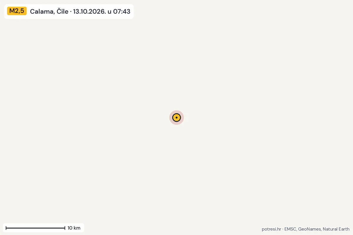 Karta: okolica epicentra, 60 km, potres M2,5, Calama, Čile, 13.10.2026.