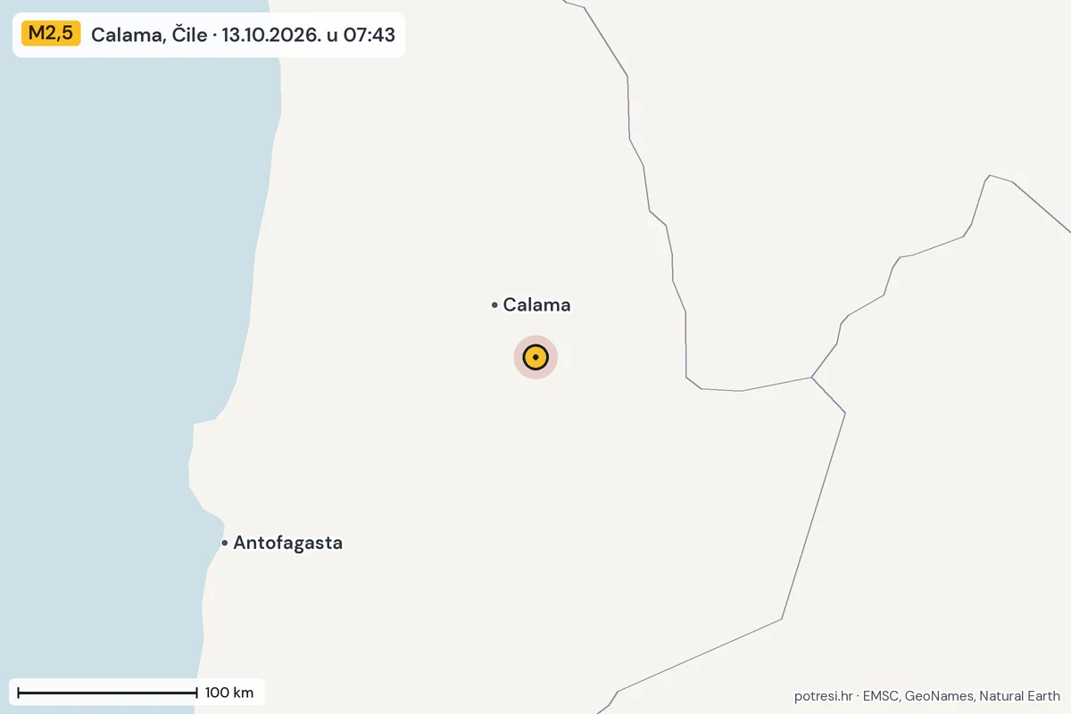 Karta: šire područje, 600 km, potres M2,5, Calama, Čile, 13.10.2026.