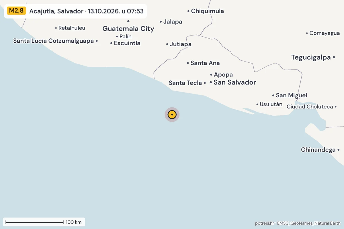 Karta: šire područje, 600 km, potres M2,8, Acajutla, Salvador, 13.10.2026.