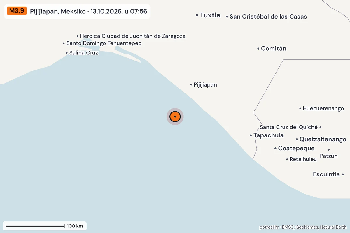 Karta: šire područje, 600 km, potres M3,9, Pijijiapan, Meksiko, 13.10.2026.