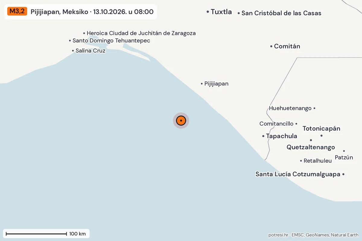 Karta: šire područje, 600 km, potres M3,2, Pijijiapan, Meksiko, 13.10.2026.