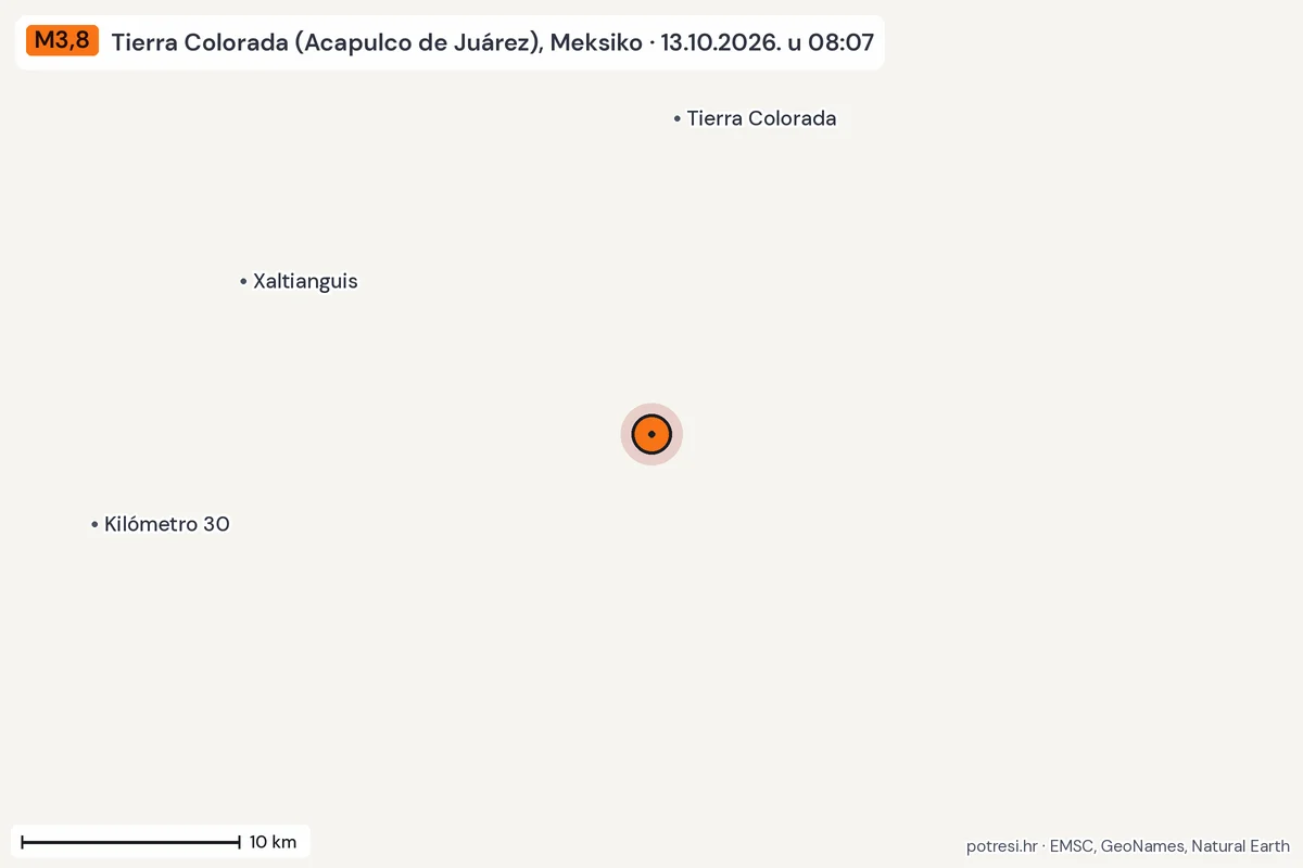Karta: okolica epicentra, 60 km, potres M3,8, Tierra Colorada (Acapulco de Juárez), Meksiko, 13.10.2026.