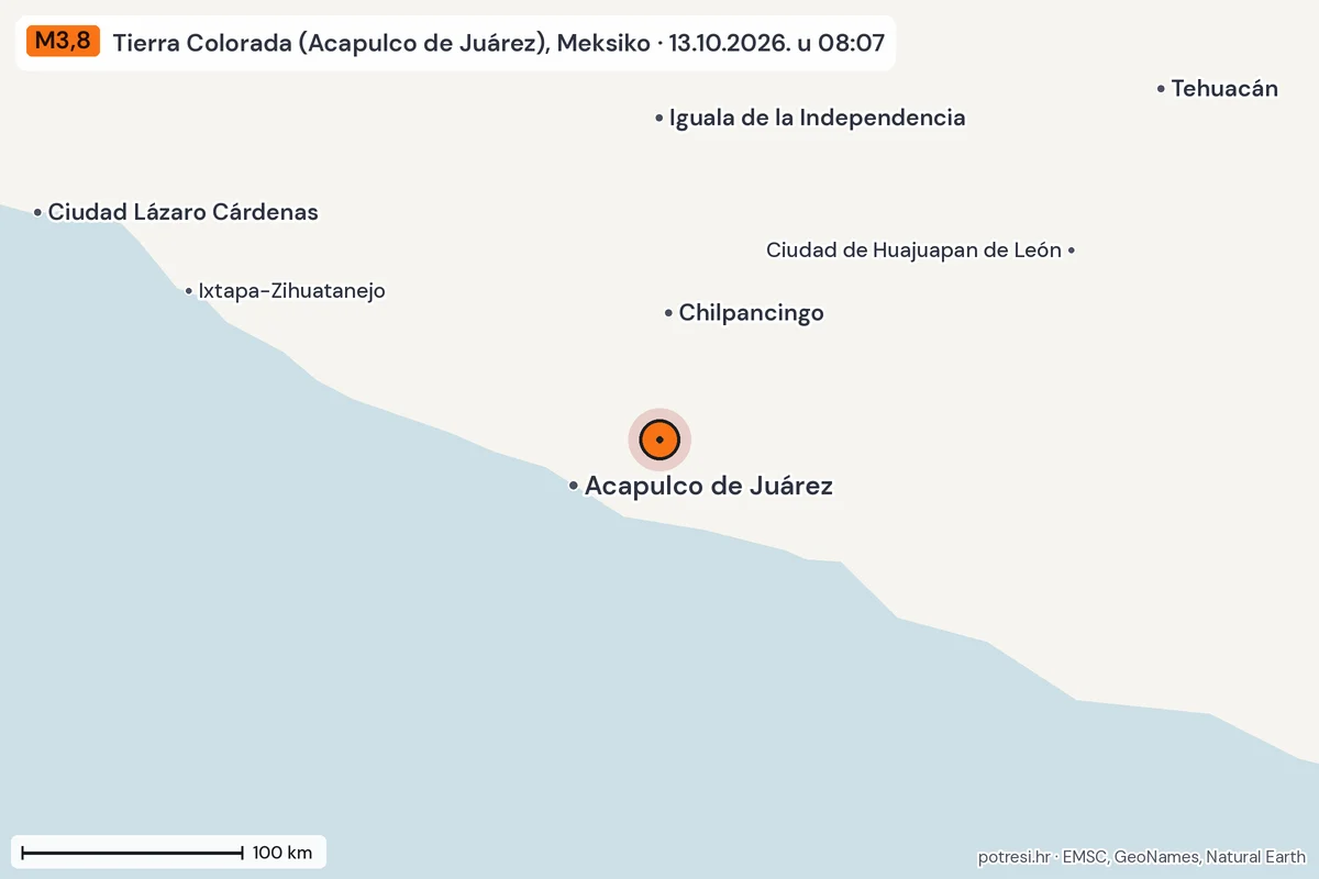 Karta: šire područje, 600 km, potres M3,8, Tierra Colorada (Acapulco de Juárez), Meksiko, 13.10.2026.