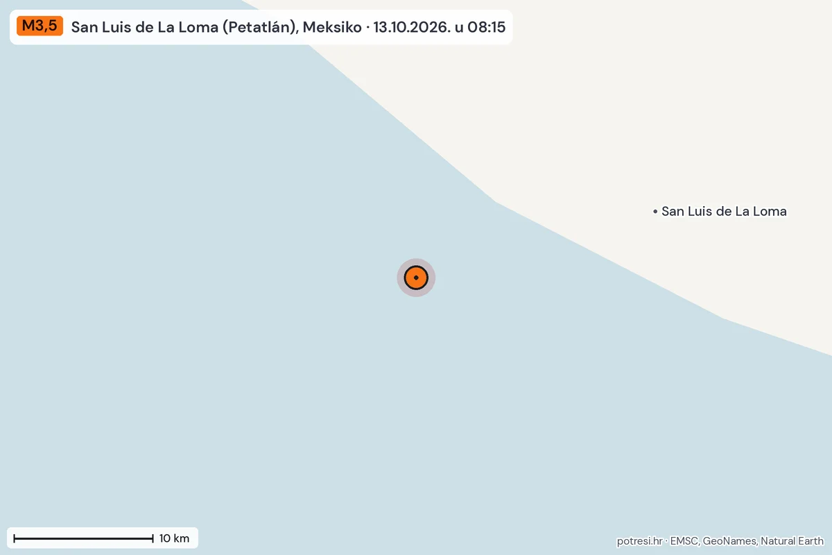 Karta: okolica epicentra, 60 km, potres M3,5, San Luis de La Loma (Petatlán), Meksiko, 13.10.2026.