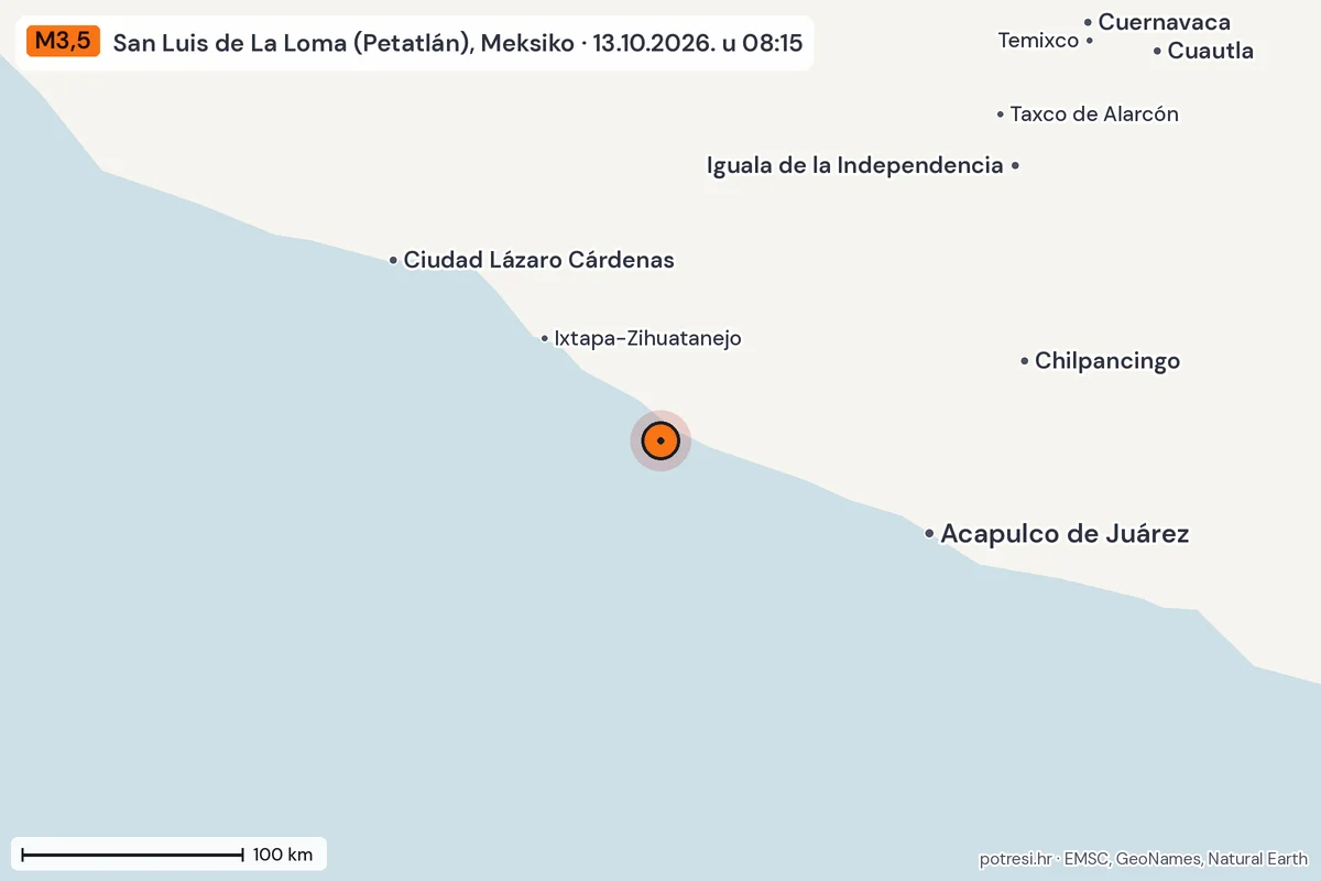 Karta: šire područje, 600 km, potres M3,5, San Luis de La Loma (Petatlán), Meksiko, 13.10.2026.