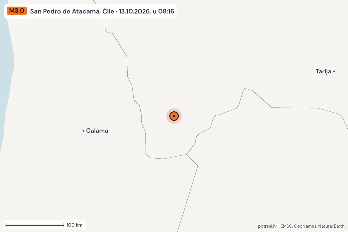 Karta: šire područje, 600 km, potres M3,0, San Pedro de Atacama, Čile, 13.10.2026.