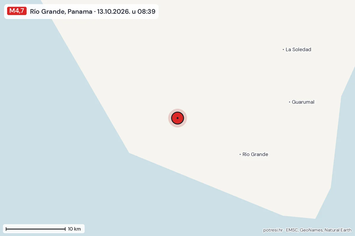 Karta: okolica epicentra, 60 km, potres M4,7, Río Grande, Panama, 13.10.2026.