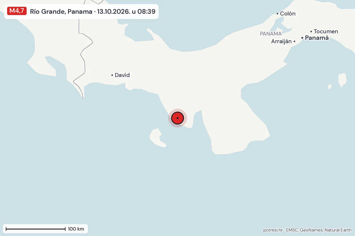 Karta: šire područje, 600 km, potres M4,7, Río Grande, Panama, 13.10.2026.