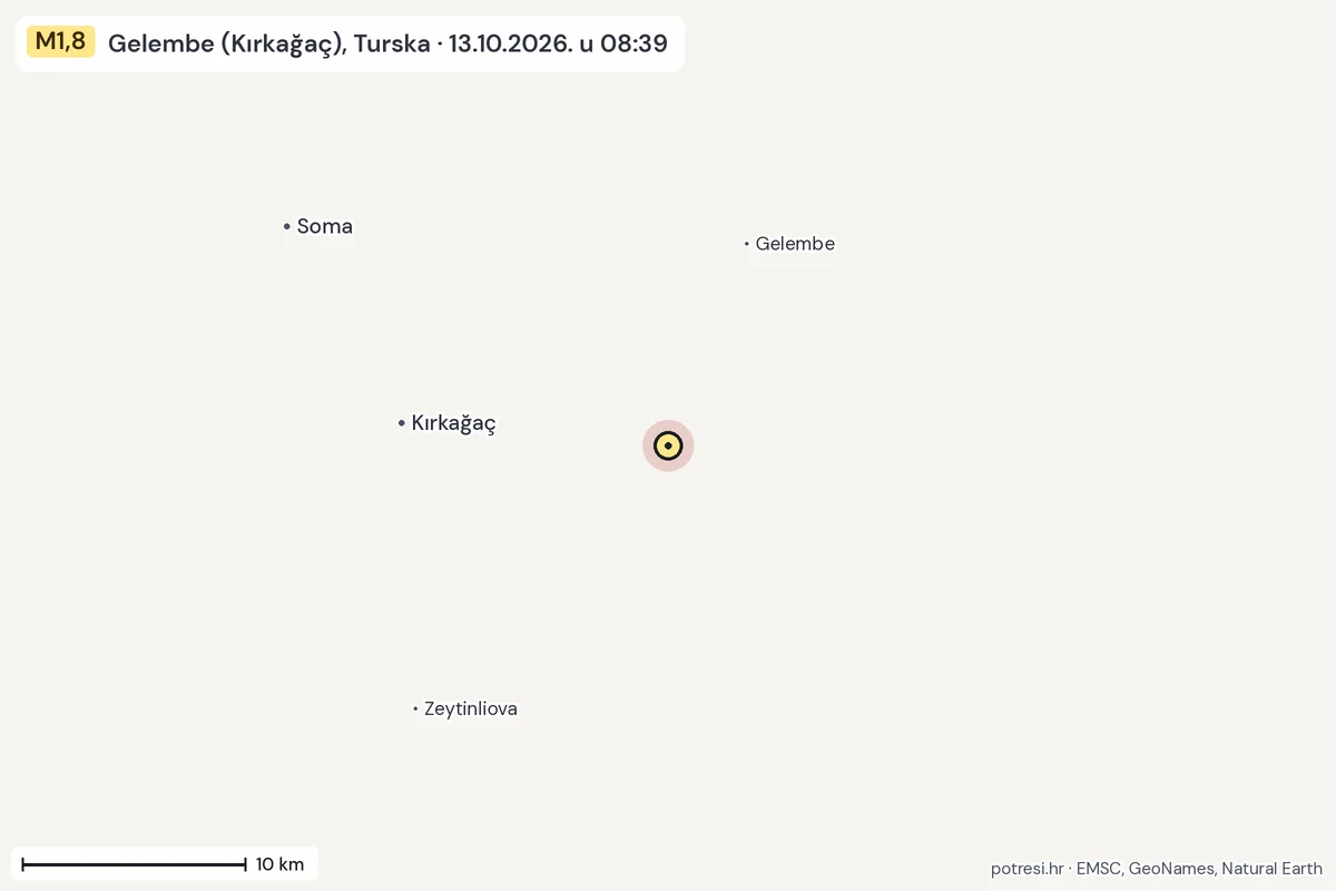 Karta: okolica epicentra, 60 km, potres M1,8, Gelembe (Kırkağaç), Turska, 13.10.2026.