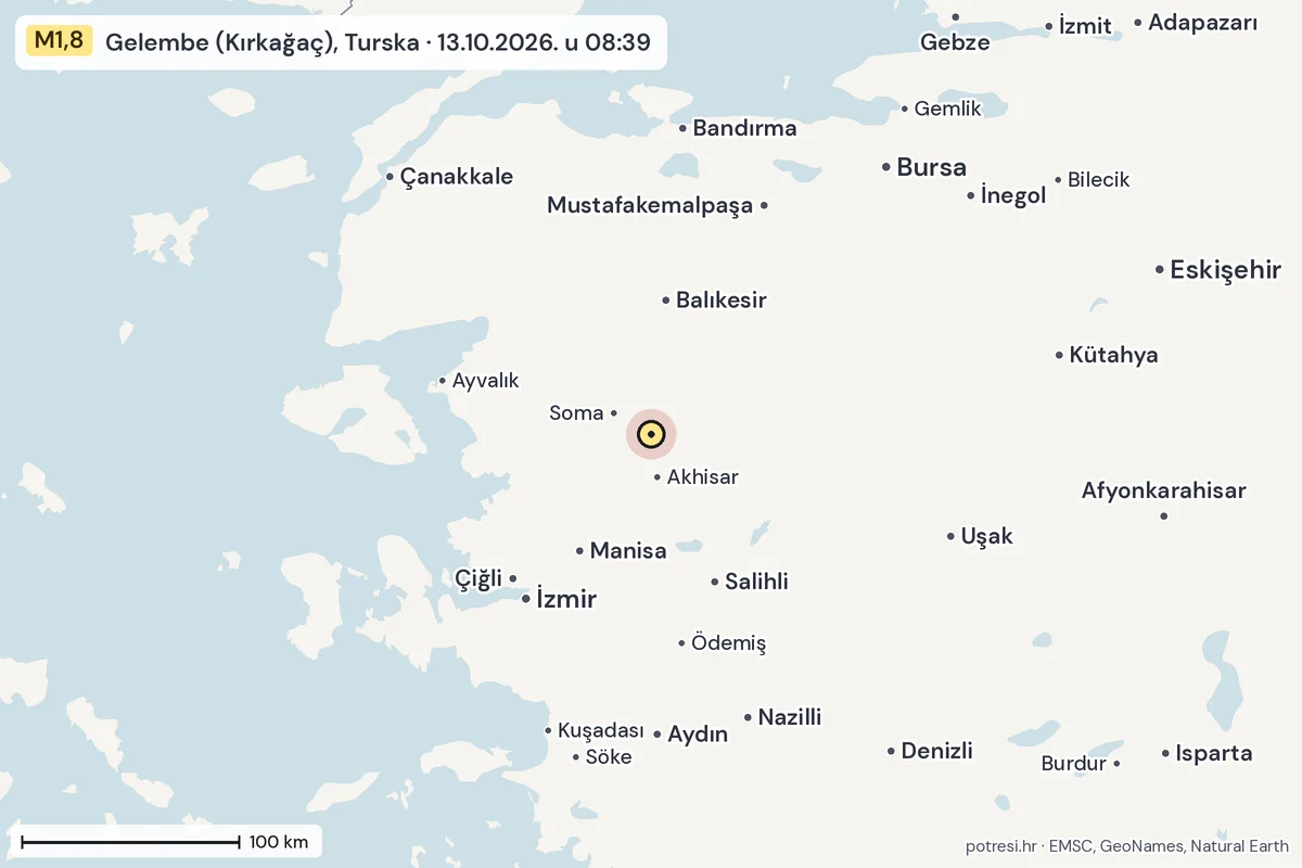 Karta: šire područje, 600 km, potres M1,8, Gelembe (Kırkağaç), Turska, 13.10.2026.