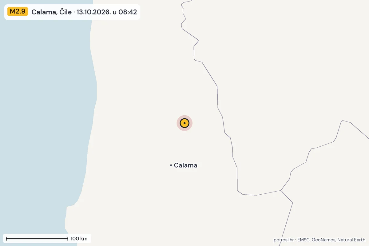 Karta: šire područje, 600 km, potres M2,9, Calama, Čile, 13.10.2026.