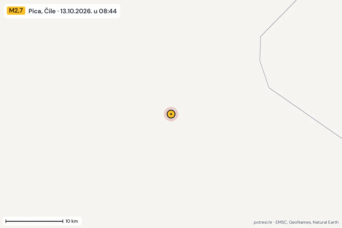 Karta: okolica epicentra, 60 km, potres M2,7, Pica, Čile, 13.10.2026.