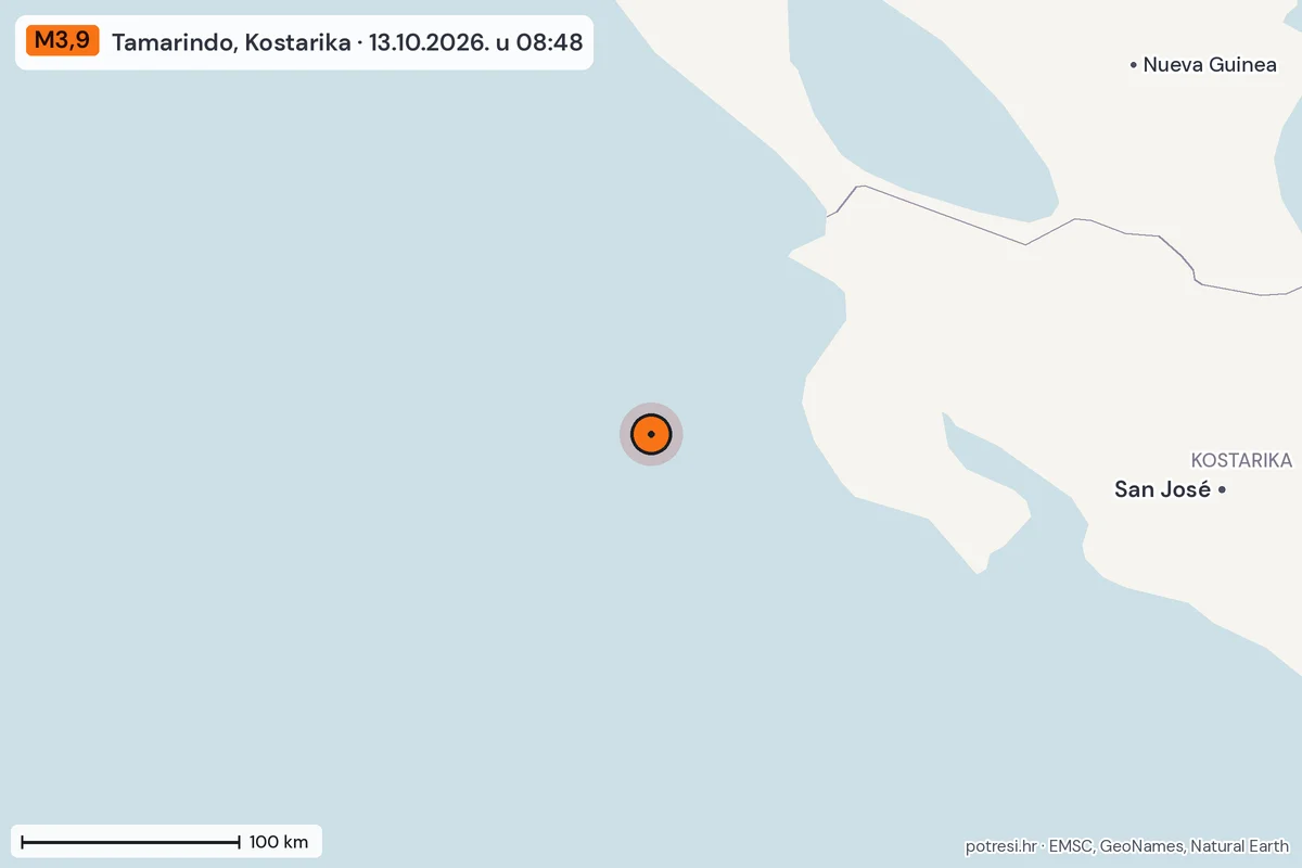 Karta: šire područje, 600 km, potres M3,9, Tamarindo, Kostarika, 13.10.2026.