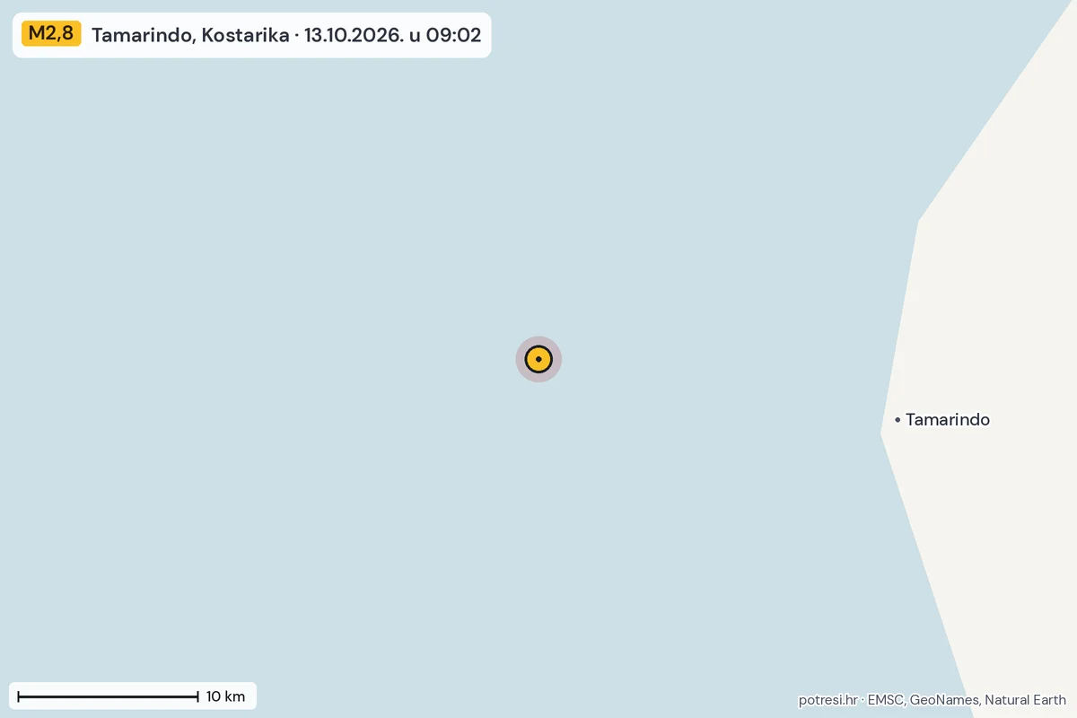 Karta: okolica epicentra, 60 km, potres M2,8, Tamarindo, Kostarika, 13.10.2026.