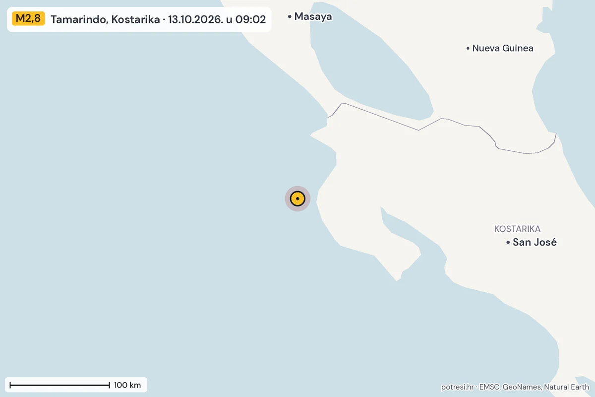 Karta: šire područje, 600 km, potres M2,8, Tamarindo, Kostarika, 13.10.2026.