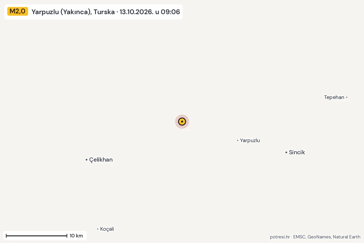 Karta: okolica epicentra, 60 km, potres M2,0, Yarpuzlu (Yakınca), Turska, 13.10.2026.