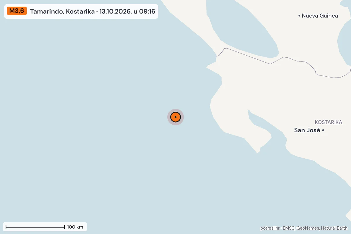 Karta: šire područje, 600 km, potres M3,6, Tamarindo, Kostarika, 13.10.2026.