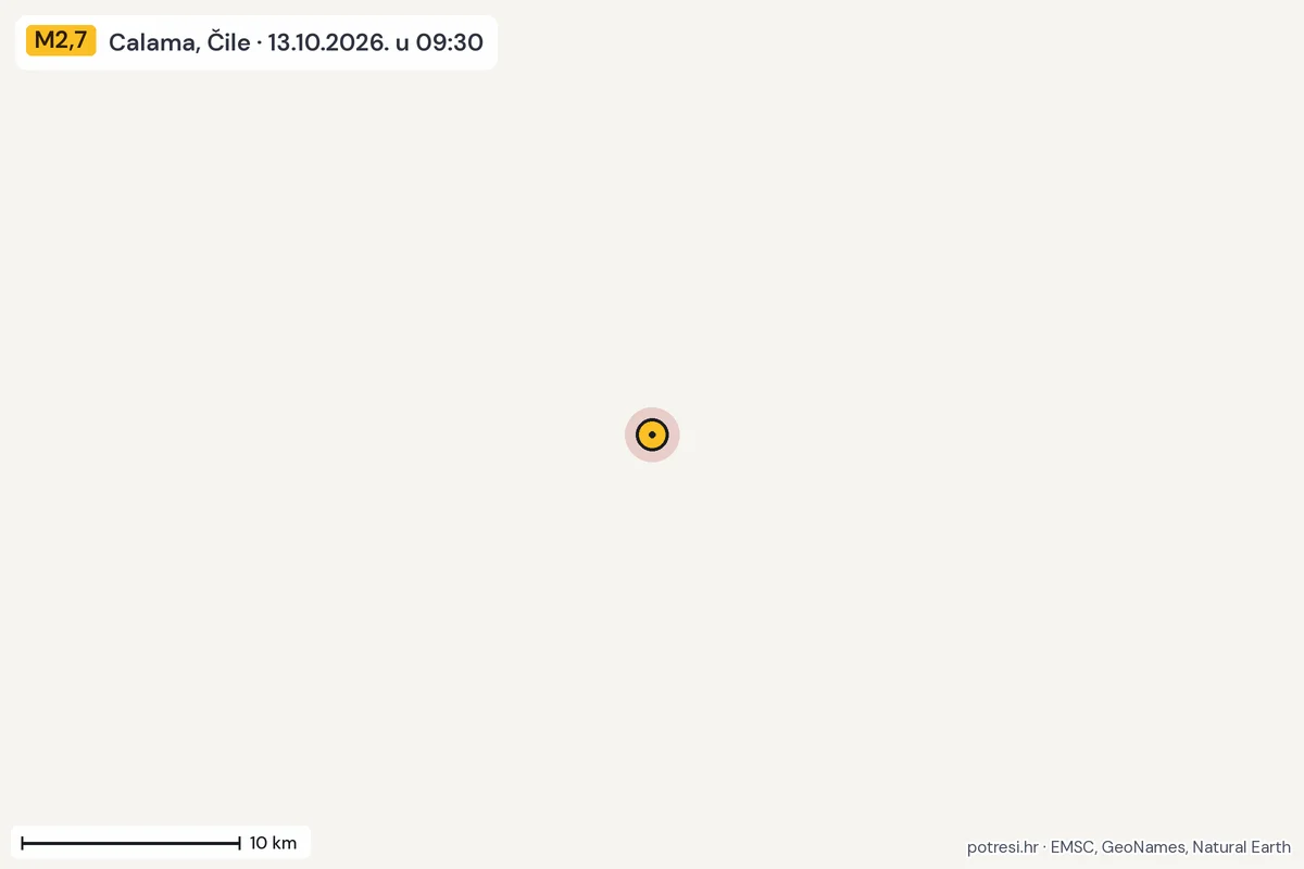 Karta: okolica epicentra, 60 km, potres M2,7, Calama, Čile, 13.10.2026.