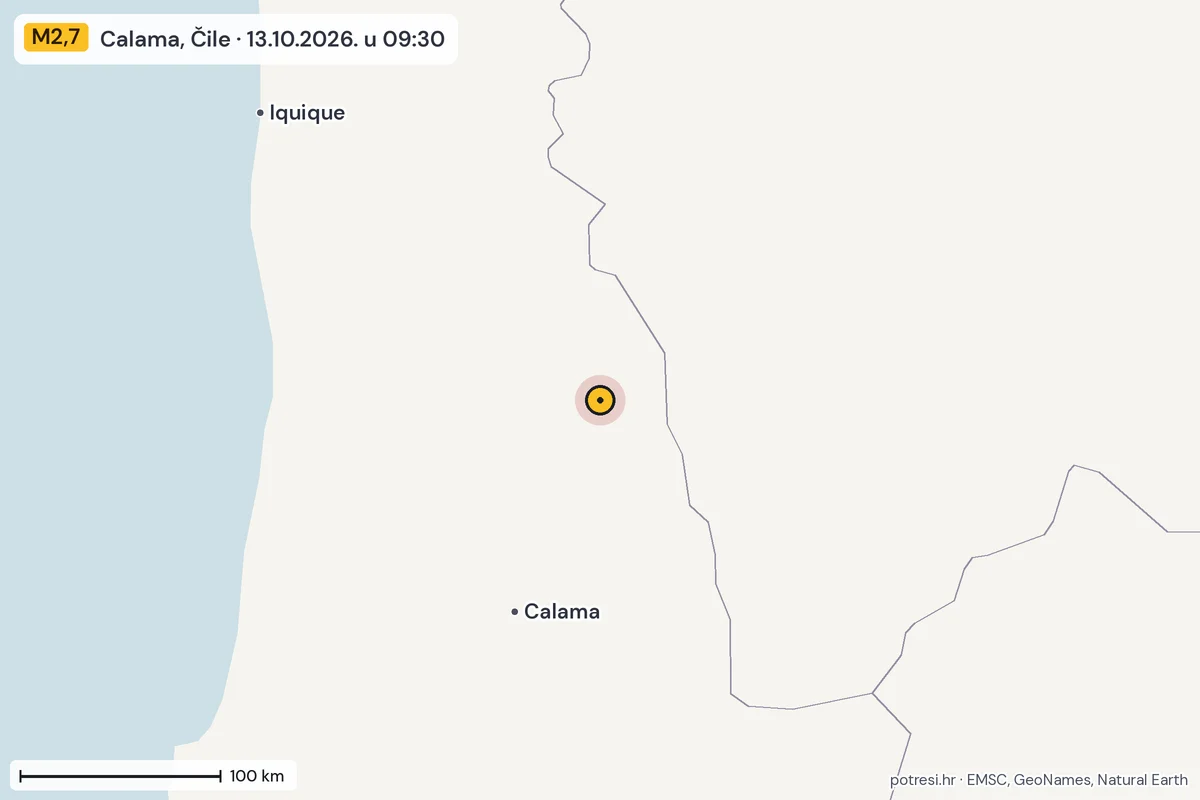 Karta: šire područje, 600 km, potres M2,7, Calama, Čile, 13.10.2026.