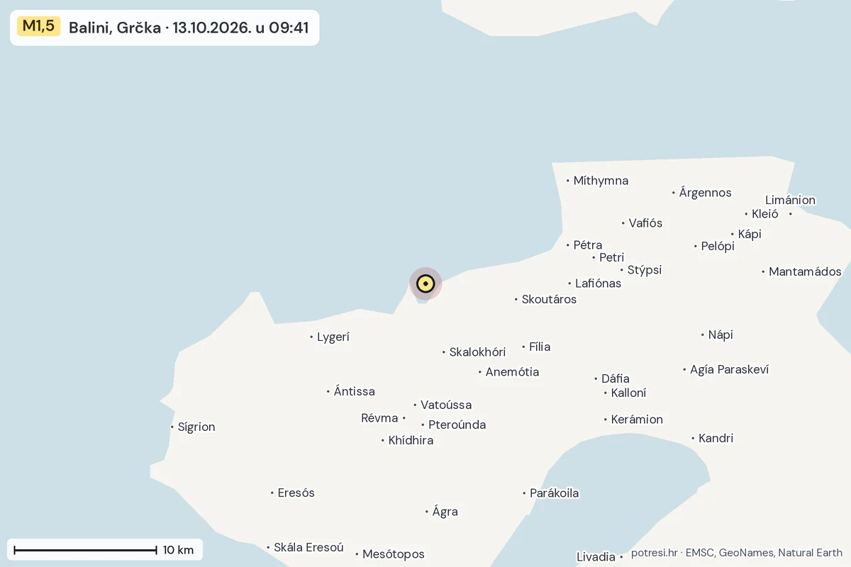 Karta: okolica epicentra, 60 km, potres M1,5, Balini, Grčka, 13.10.2026.