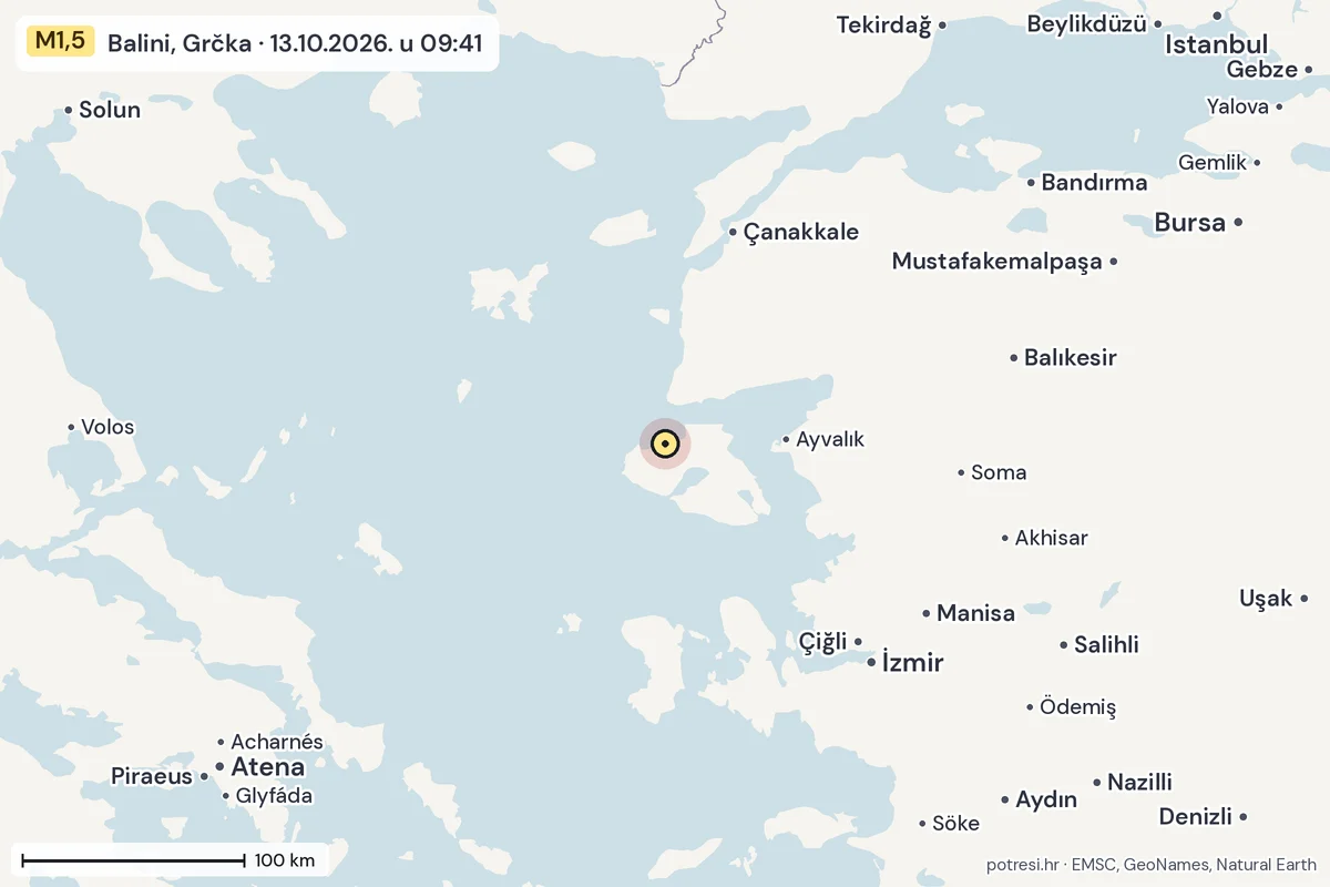 Karta: šire područje, 600 km, potres M1,5, Balini, Grčka, 13.10.2026.