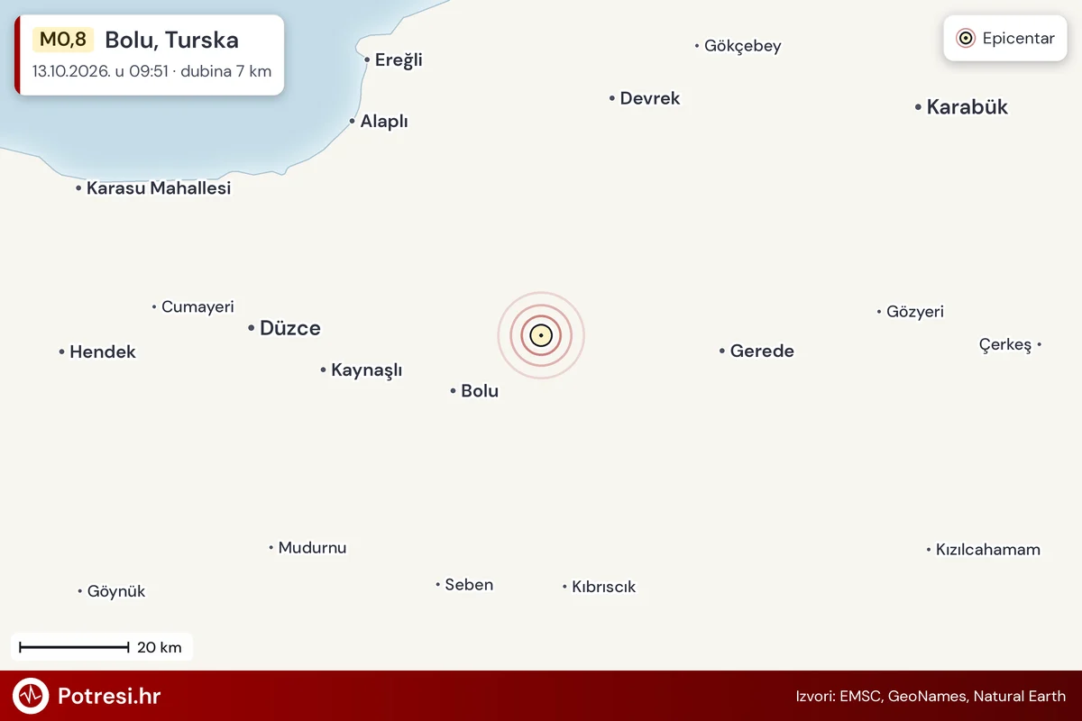 Karta: šire područje i vjerojatni doseg osjeta, potres M0,8, Bolu, Turska, 13.10.2026.