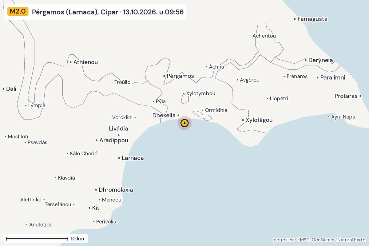 Karta: okolica epicentra, 60 km, potres M2,0, Pérgamos (Larnaca), Cipar, 13.10.2026.